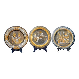 Art Deco Egyptian Revival Wall Art Set of 3 Brass Plates Egypt Hieroglyphics African Ancient Civilization Decor Dark Academia Library For Sale