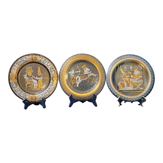 Art Deco Egyptian Revival Wall Art Set of 3 Brass Plates Egypt Hieroglyphics African Ancient Civilization Decor Dark Academia Library For Sale