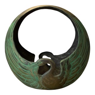 Solid Brass Swan Basket Crane Bird Planter Hollywood Regency Art Deco MCM 12” For Sale
