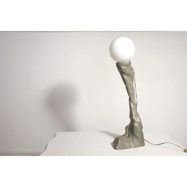 Vintage Modern Brutalist Carved Wooden Table Lamp with Opal Globe, 1930s For Sale - Image 11 of 11