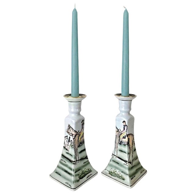 Offering a beautiful pair of vintage Equestrian 1970s Neiman Marcus porcelain candlesticks. They each are hand painted and...