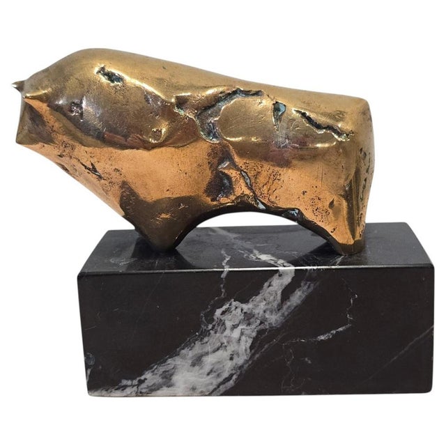 Gold Modern Bronze Bull Sculpture on Marble Base, 1970 For Sale - Image 8 of 8