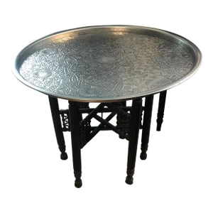 1940s Carved Folding Table Base With Large Silver Tray