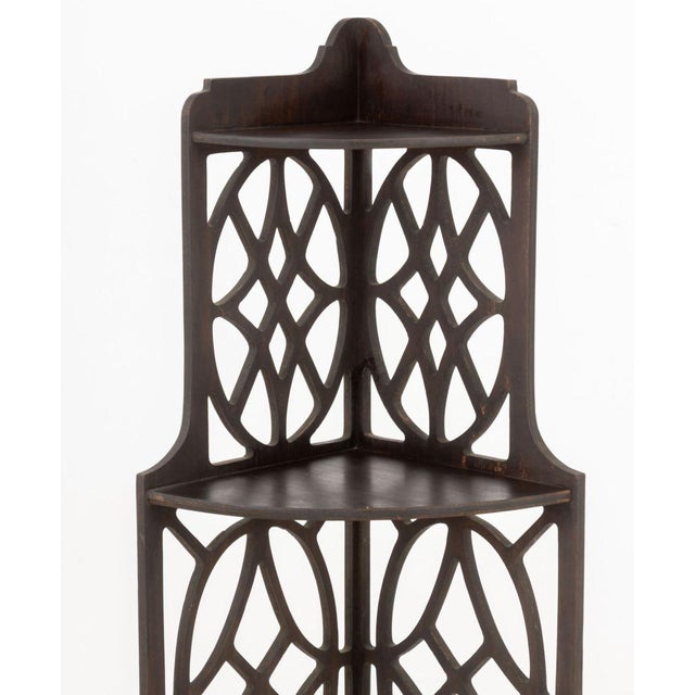 Chinese Chippendale Style Mahogany Corner Etagere, with pierced fretwork, three open shelves, and single drawer. 58.75" H...