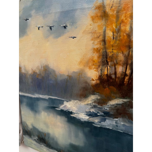 Vintage Traditional Impressionist White Winter Landscape Original Oil Painting Diptych, a Pair in Cerulean Blue, Burnt Umber & White For Sale In Houston - Image 6 of 11