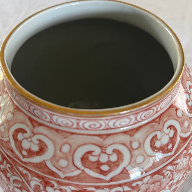 Chinese Hand Painted Vase From Thailand With 24k Gold Trim Work Coral Color Flowers For Sale - Image 3 of 6