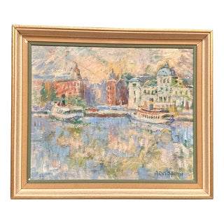 Arvidsson, Waterfront Cityscape, 1950s, Oil Painting on Panel, Framed For Sale