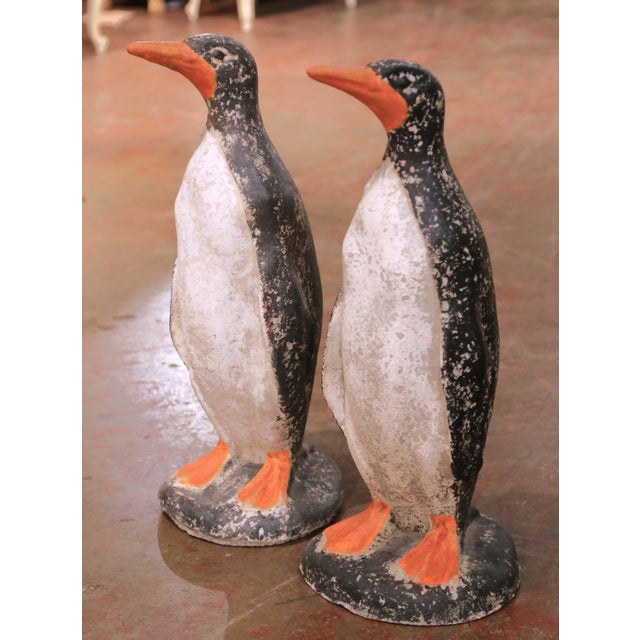 Mid 20th Century Pair of Mid 20th Century French Outdoor Weathered Painted Stone Penguin Sculptures For Sale - Image 5 of 8