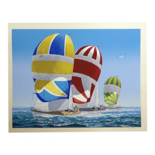Pete Peterson "The First Reach" Realistic Serigraph Art Print of Sailboats 1980 For Sale