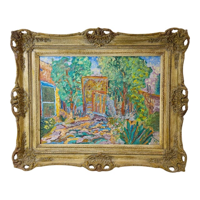 1940s Oil on Board Painting in Monumental French Style Frame For Sale