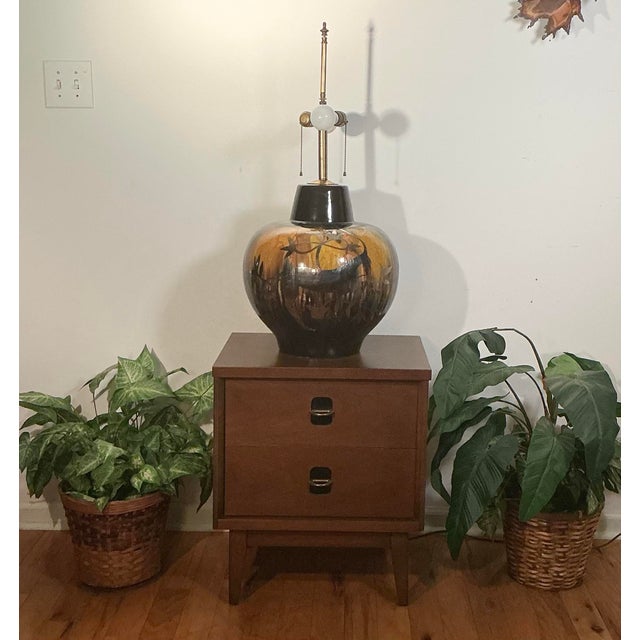 Vintage Mid Century Modern Pottery Table Lamp Drip Glaze Silver Overlay Gazelle Ram For Sale - Image 11 of 12