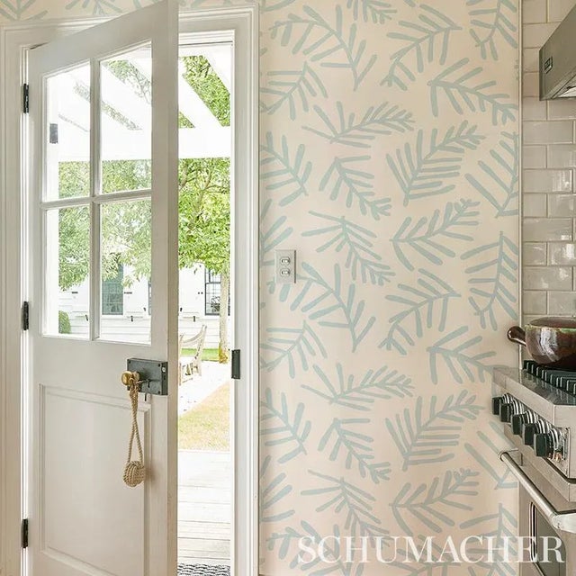 Schumacher Sample - Schumacher X Caroline Z Hurley Tiah Cove Wallpaper in Blue Leaf For Sale - Image 4 of 5