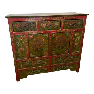 Early to Mid 20th Century Colorful Hand Painted Tibet/Tibetan Cabinet With Flowers and Dragons For Sale
