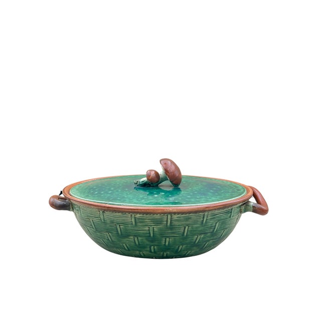 1930s Tellurite Green Mushroom Majolica Lidded Casserole Dish With Basket Weave For Sale - Image 4 of 14