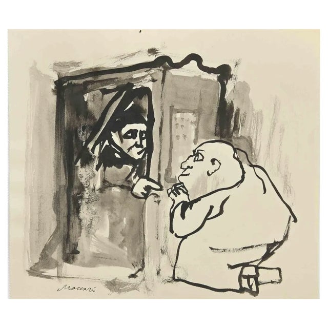 Mino Maccari, Confession, Watercolor, 1960s For Sale