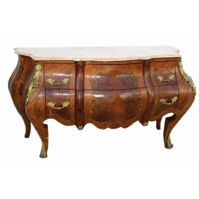 French 1900s Antique Walnut Marble Top Serpentine Front Commode, Chest For Sale - Image 3 of 6
