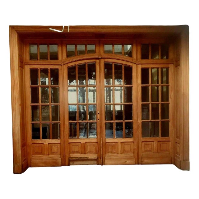 4-Leaf Partition Door with Transom in Wood and Beveled Glass, Set of 8 For Sale