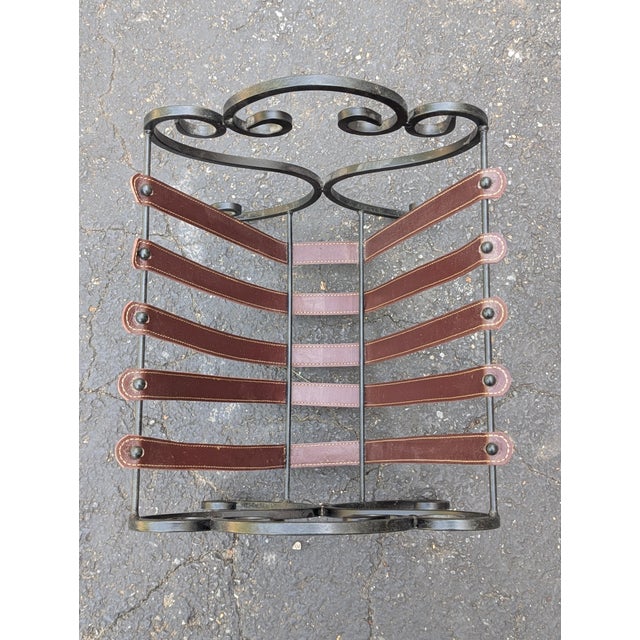 Vintage Iron & Leather Magazine Rack 16" Tall Rustic Book Holder For Sale - Image 4 of 8
