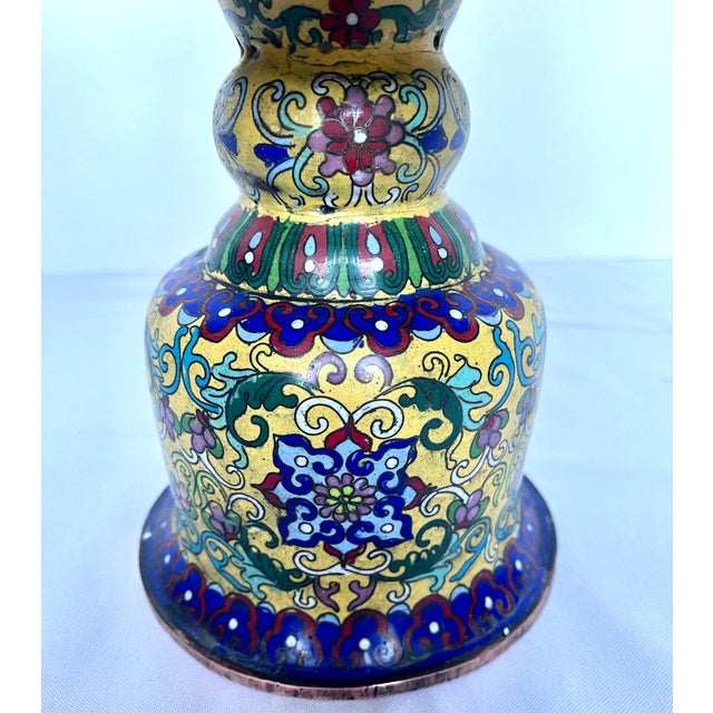 Chinoiserie 19th Century Chinese Imperial Yellow Cloisonné Enamel Pricket Candle Holders - A Pair For Sale - Image 3 of 18