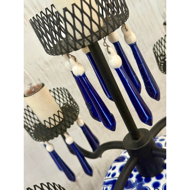 Mid 20th Century 1960’s Vintage Delft-Style Blue Hand-Painted Floral Motifs on White Porcelain Table Lamp With 5 Arms For Sale - Image 5 of 12