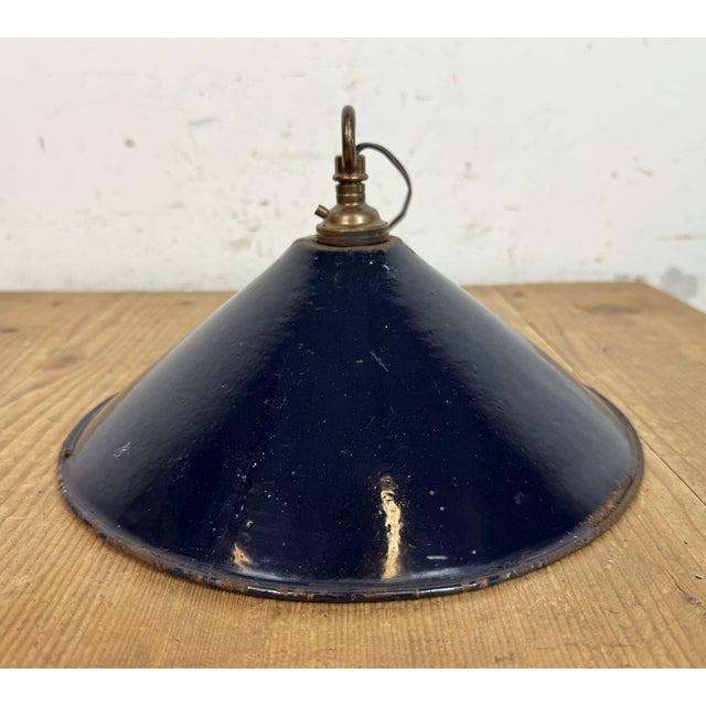 Industrial British Dark Blue Enamel Factory Pendant Lamp, 1950s For Sale - Image 10 of 17