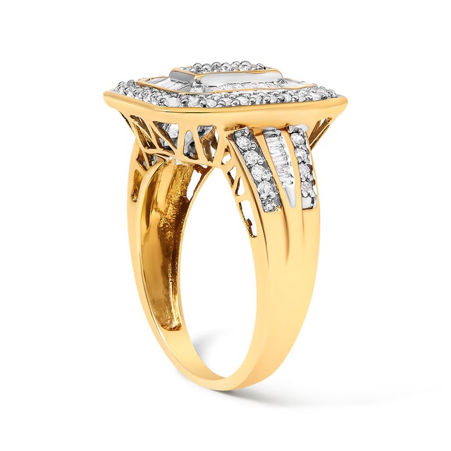 Haus of Brilliance 10K Yellow Gold 1.0 Cttw Diamond Vintage Inspired Baguette-Cut Double Halo Emerald-Shaped Frame Cocktail Ring (I-J Color, I1-I2 Clarity) - Size 8 For Sale - Image 4 of 7