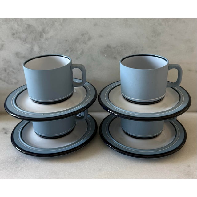 1980s Set of 4 Arita Genesis Blue Ceramic Coffee Cups and Saucers For Sale - Image 5 of 10