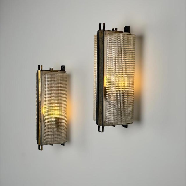 1960s Large Brass and Pressed Glass Sconces by Jacques Adnet, France, 1960s, Set of 2 For Sale - Image 5 of 18
