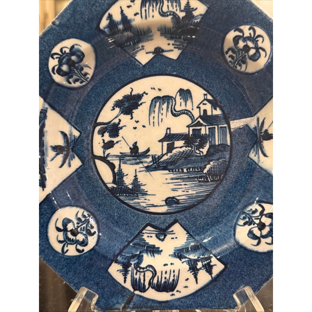 Antique Bow Porcelain Blue White Octagonal Plate 1760 George III Chinoiserie. For Sale In San Francisco - Image 6 of 12