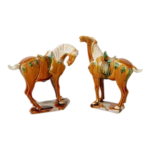 Circa C20th Chinese Majolica Tang Dynasty War Horse Figurines - a Pair