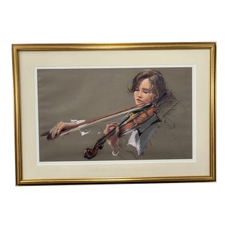 Early 20th Century Pastel Drawing of Girl Playing a Violin, Framed For Sale