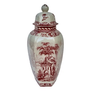 English Red and White Chinoiserie Transferware Porcelain Lidded Jar For Sale