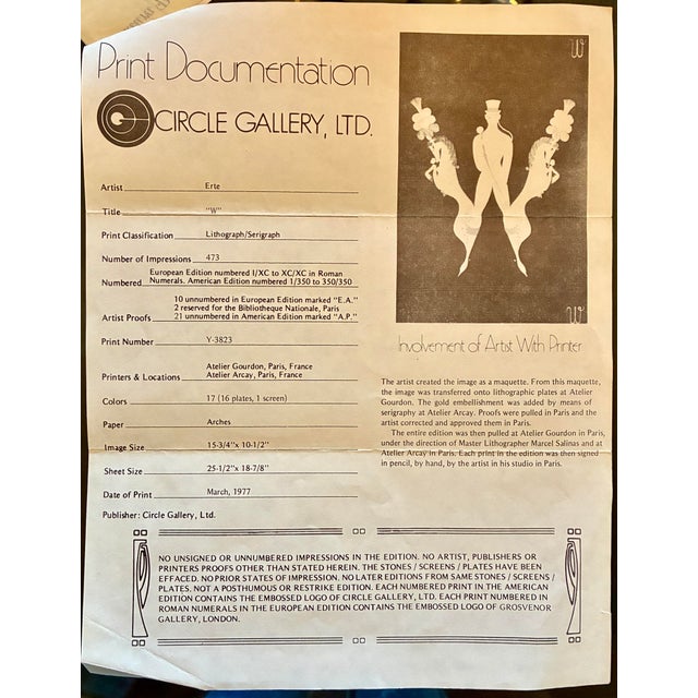 Erté Letter “W” Signed & Numbered Lithograph, 1977 — With Documentation For Sale - Image 10 of 12