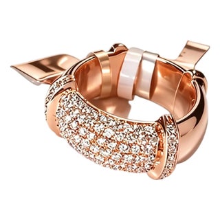 Late 20th Century 18K Pink Gold Pave Diamond Wide Designer Enamel Band Ring, Size 7 For Sale