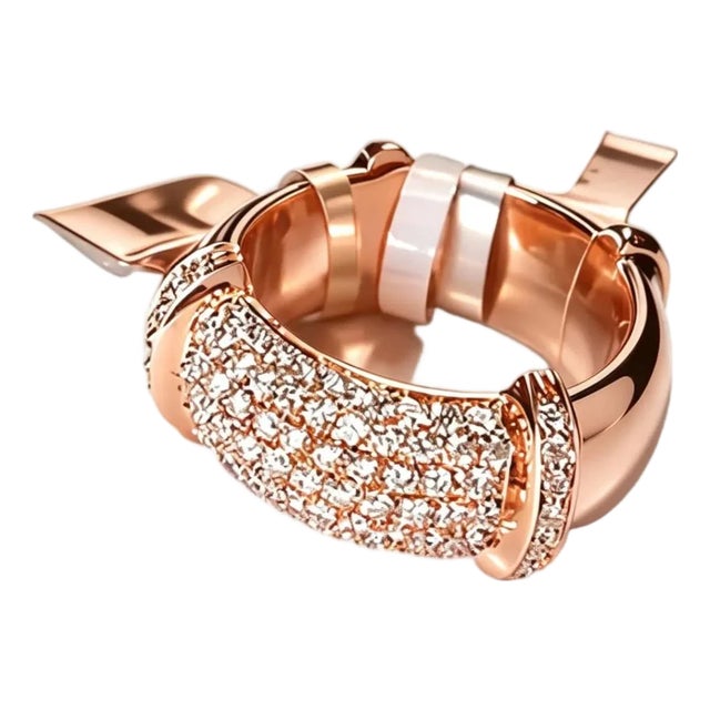Late 20th Century 18K Pink Gold Pave Diamond Wide Designer Enamel Band Ring, Size 7 For Sale
