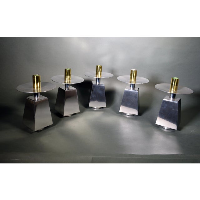 Seven (7) Chrome & Brass Mid-Century Candlesticks For Sale - Image 11 of 12