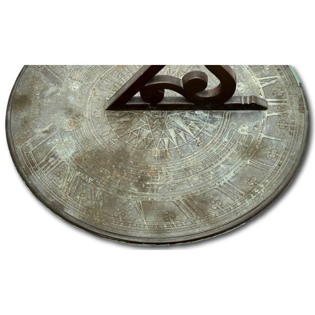 Fine Antique Large 12 Inch Size Solid Cast Bronze Sundial With Extensivly Detailed Calibrations Circa Early 1900s For Sale - Image 15 of 18
