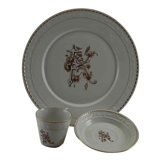 1990’s Vintage/New KPM Hand-Painted 3-Piece Place-Setting Renaissance Monogram K For Sale