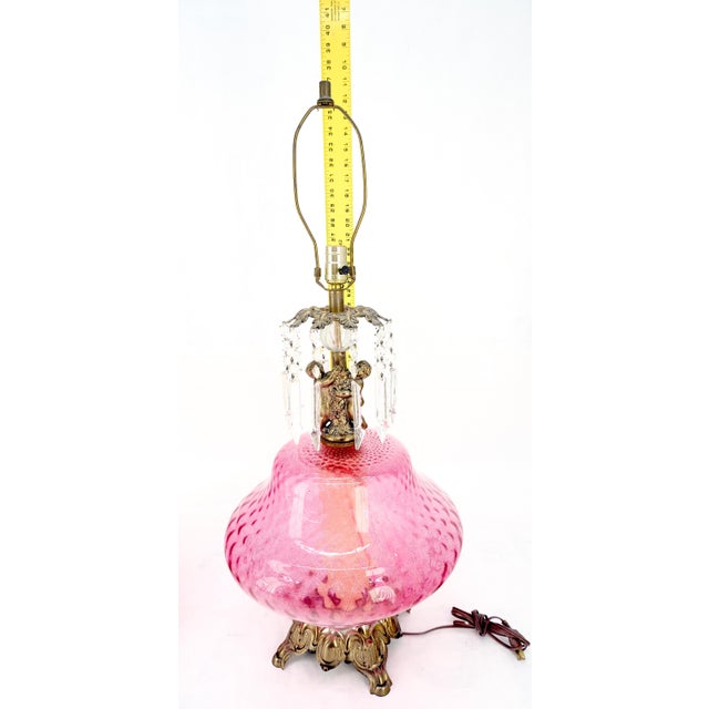 Pair of Large Cranberry Glass Crystal Decorated Table Lamps MINT! For Sale - Image 6 of 15