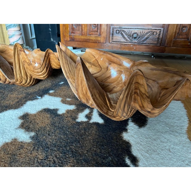 1970s Pair of 1970s Oversized Nautical Wooden Shell Bowls For Sale - Image 5 of 9