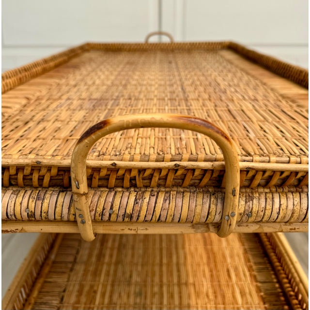 Vintage Bamboo, Rattan & Wicker Two-Tier Console Display Table With Tray Top For Sale - Image 9 of 15
