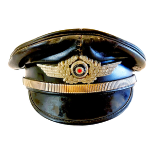 1930's German Panzer Division Motorcycle Officer's Black Leather Visor by Muir Cap & Regalia, Luftwaffe Insignia Wreath & Cockade & Snake Chain Strap