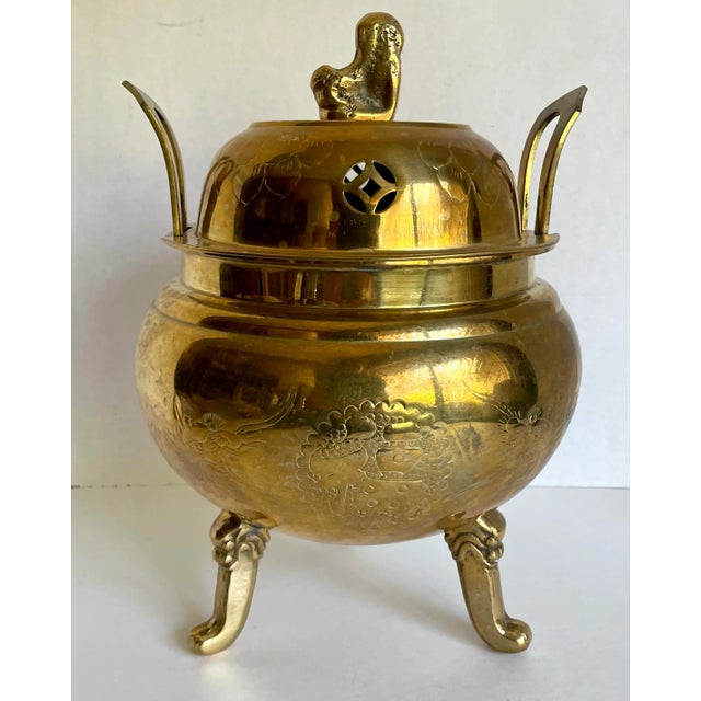 Vintage Asian Brass Incense Burner With Dragon Etchings For Sale - Image 10 of 13