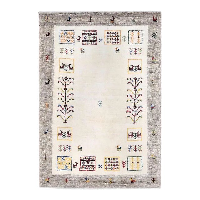 Beige Color Fine Hand Knotted Persian Gabbeh Rug For Sale