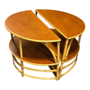 1950s Restored Rattan & Mahogany Half Moon Side Table, Pair