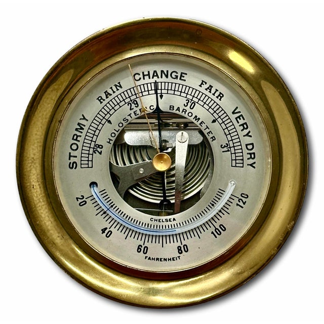 Fine Vintage Mid 20th Century Brass & Mahogany Ships Barometer & Thermometer by Esteemed Boston Maker "Chelsea" For Sale - Image 13 of 18