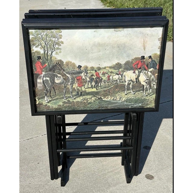 English Vintage Mid 20th Century English Hunting Scene Folding Snack Trays With Stand- Set of 4 For Sale - Image 3 of 12