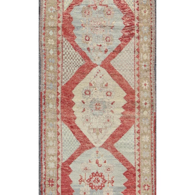 Turkish Vintage Turkish Oushak Medallion Runner in Soft Red, Lt. Blue, Cream For Sale - Image 3 of 7