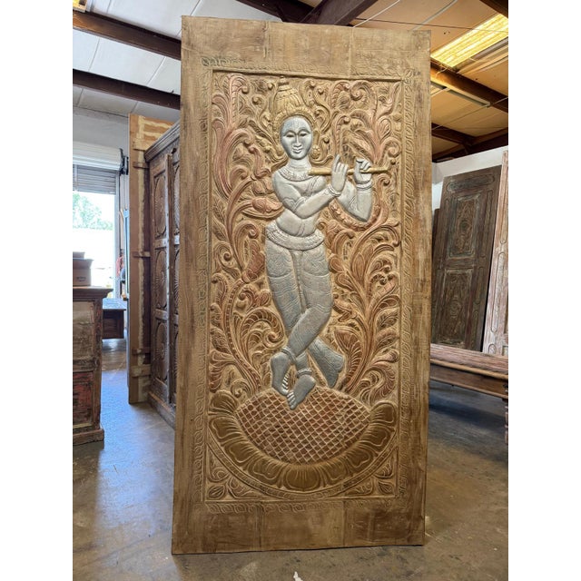 Brown Antique Hand-Carved Wooden Krishna Relief Panel With Floral Motifs For Sale - Image 8 of 9