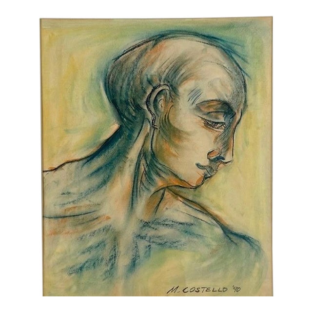 Vintage Mid Century Modern '90 Pastel Portrait Drawing Signed M. Costello, Framed Original Artwork.. For Sale